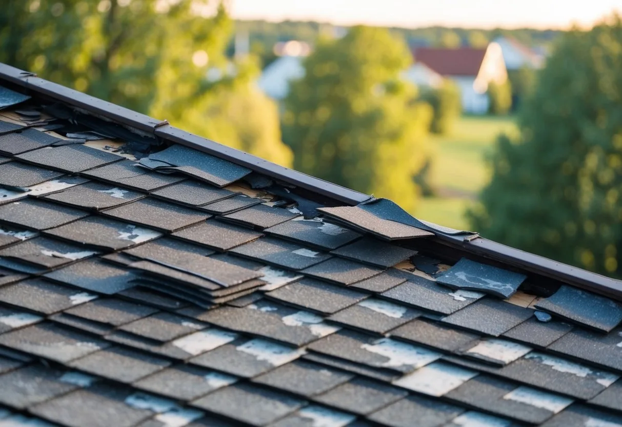 The roof in Birkerød shows signs of wear and tear with missing shingles and visible water damage